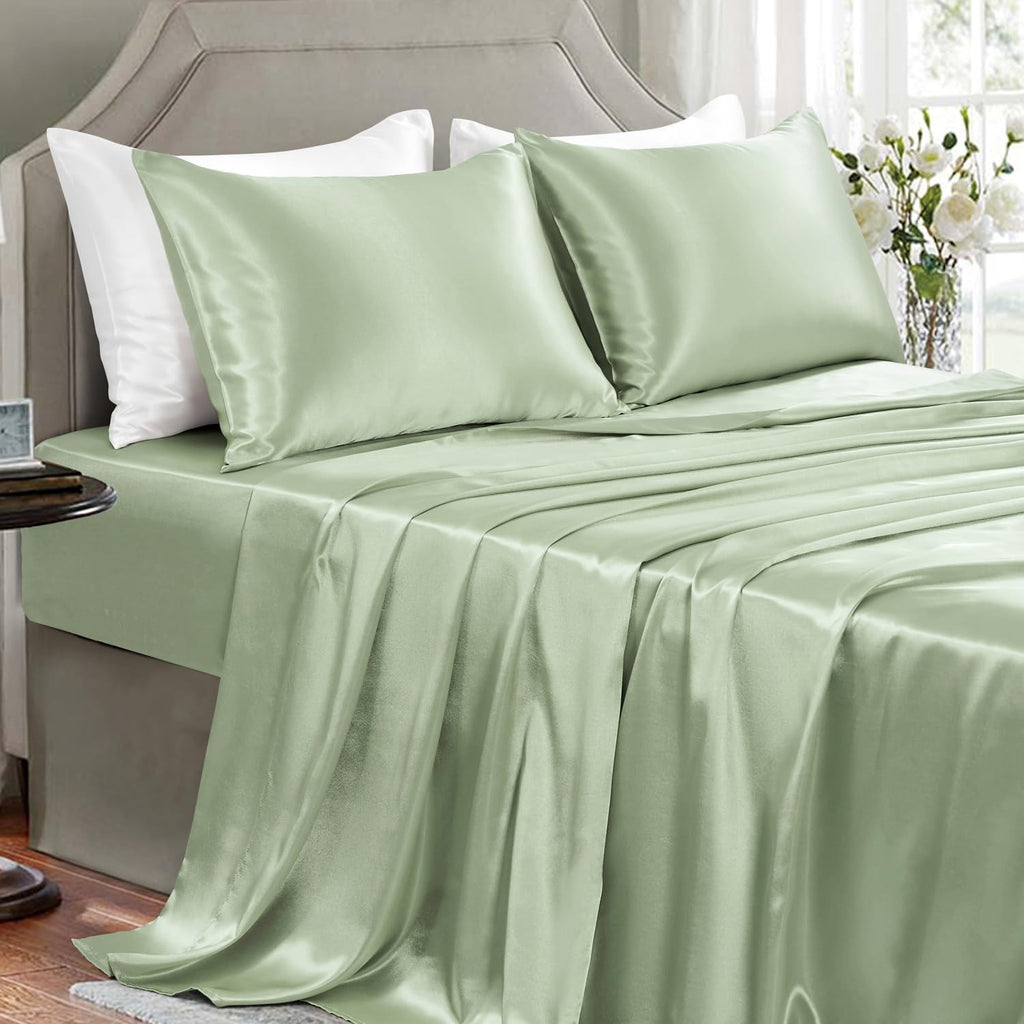 Golal Satin Sheets Full Size - 4 Pieces Luxury Silky Soft Bed Sheets, Wrinkle-Free Sage Green Satin Silk Sheet Set With 1 Deep Pocket Fitted Sheet, 1 Flat Sheet, 2 Pillow Cases
