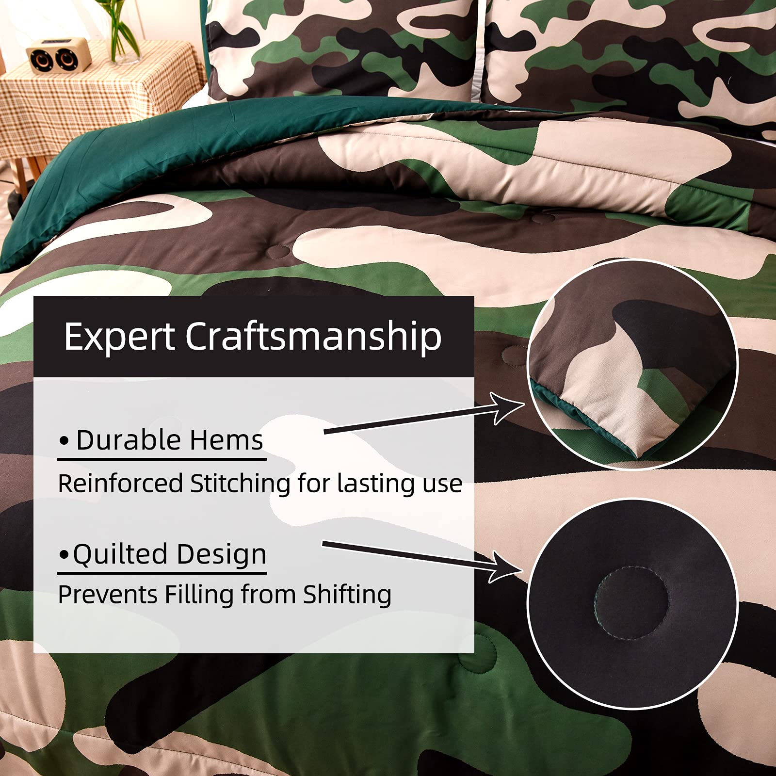 Meeting Story Camouflage Bedding Set, Green Camouflage Comforter Set, 3 Pcs One Comforter And Two Pillowases, All Season Soft Be