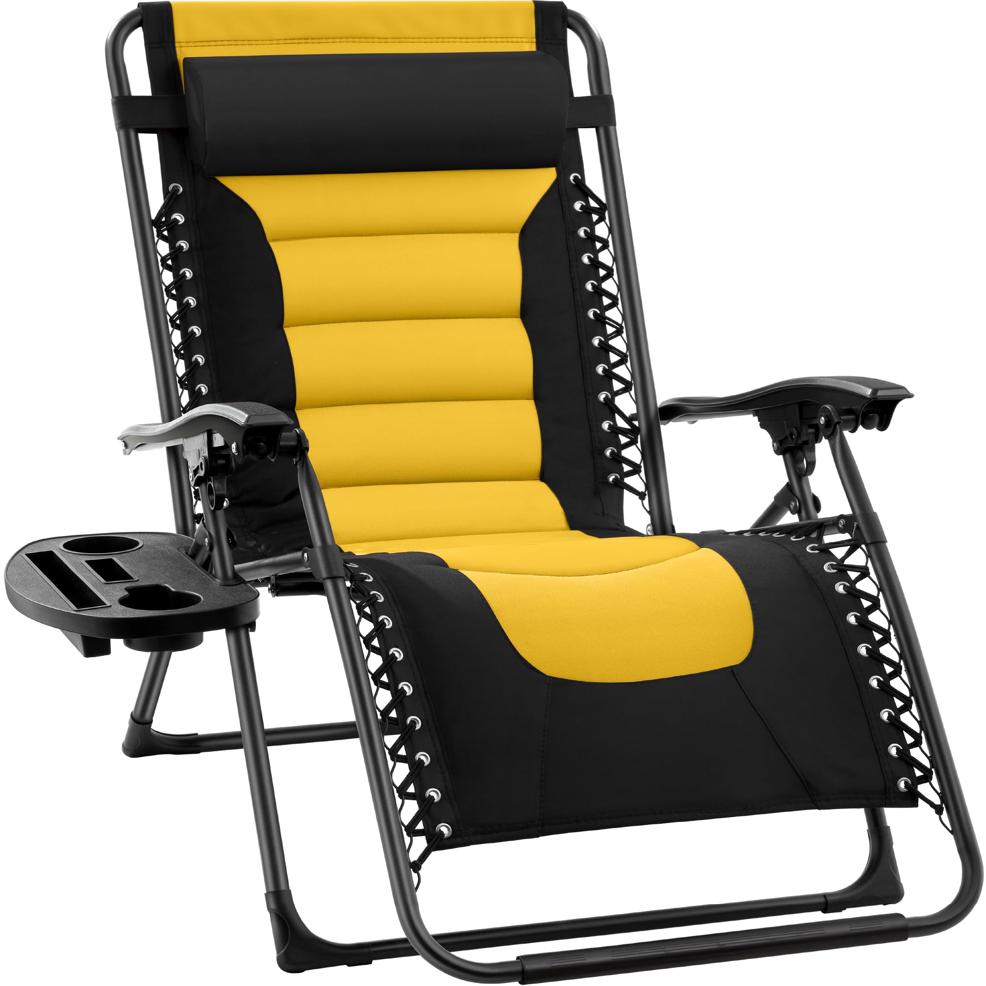 Best Choice Products Oversized Padded Zero Gravity Chair, Folding Outdoor Patio Recliner, Xl Anti Gravity Lounger For Backyard W/Headrest, Cup Holder, Side Tray, Polyester Mesh - Black/Yellow