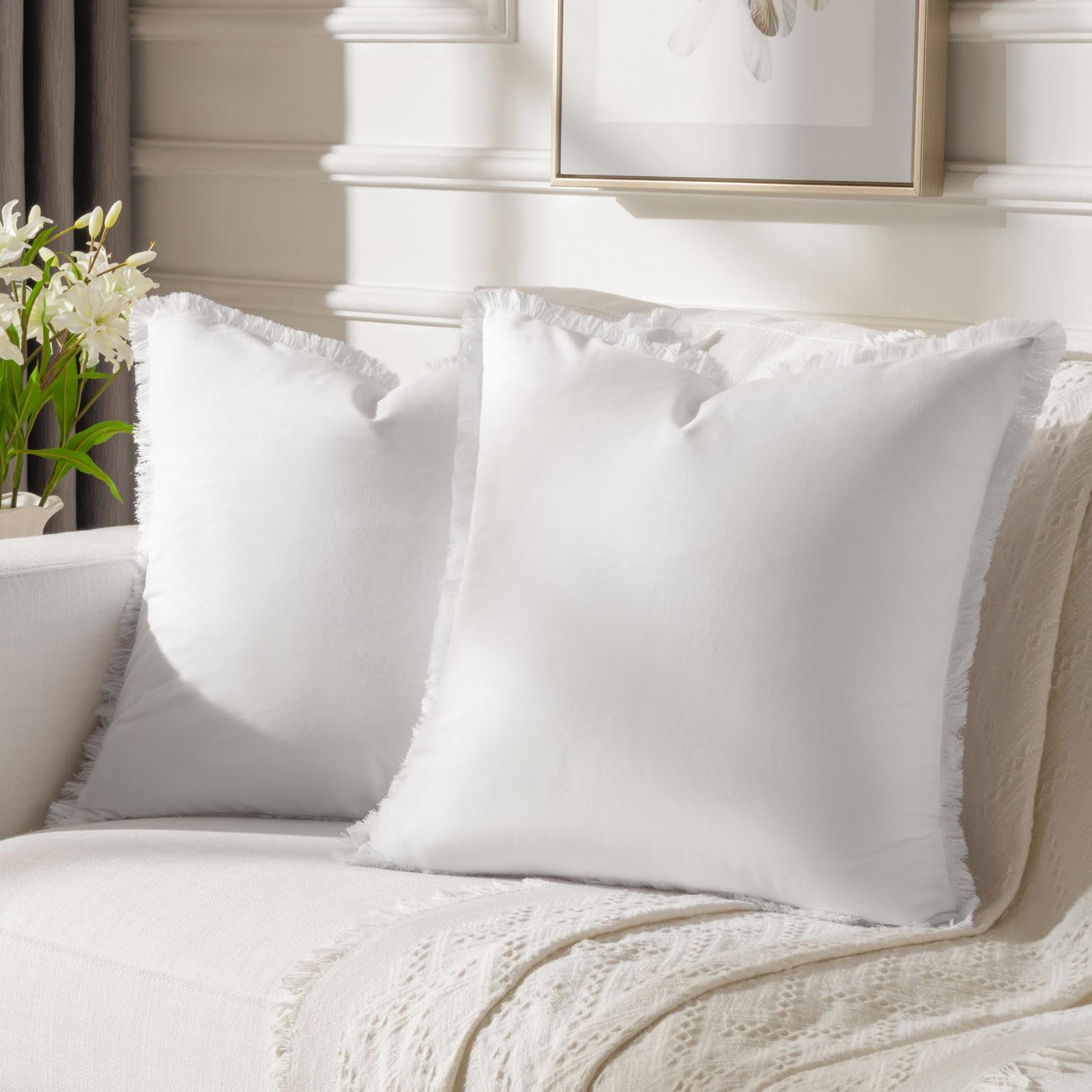 FUTEI Cream White Boho Throw Pillow Covers with Tassels 22x22 Inch Set of 2,Soft Velvet Decorative Cushion Case,Home Decor for C