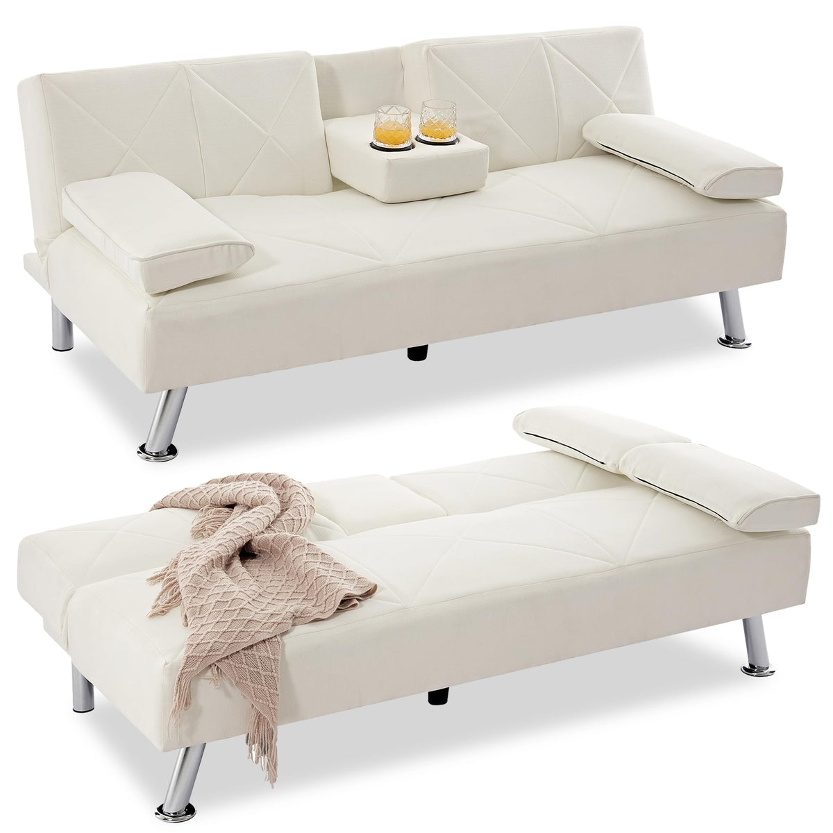 Vecelo Modern Convertible Folding Futon Sofa Bed With Removable Armrests Breathable Linen Recliner Couch For Living Room/Apartme