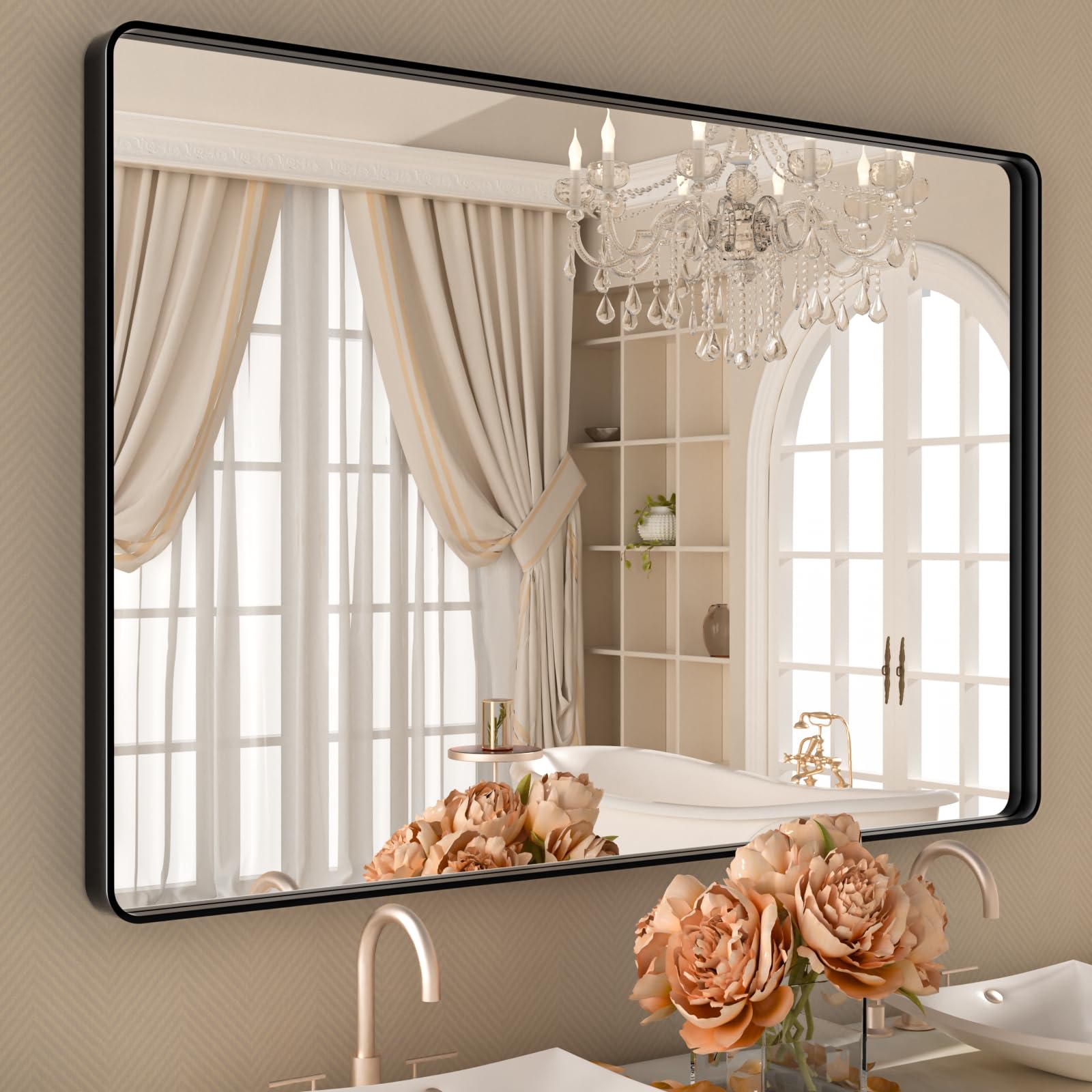 ISTRIPMF Black Bathroom Vanity Mirror 48x32 Inch,Rounded Rectangle Matte Black Mirror for Wall,Black Matel Frame Mirror for Bath