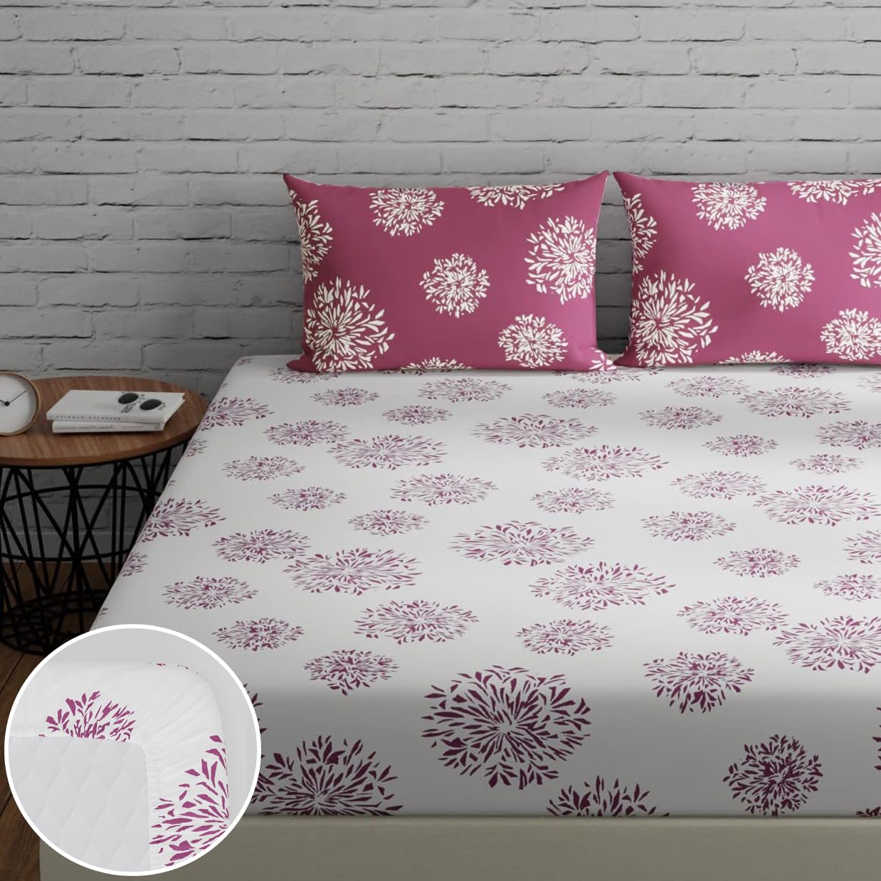 Huesland By Ahmedabad Cotton 144 Tc Elastic Fitted Bedsheet Queen Size Cotton With 2 Pillow Covers  Color | 5Ft X 6.5Ft | White