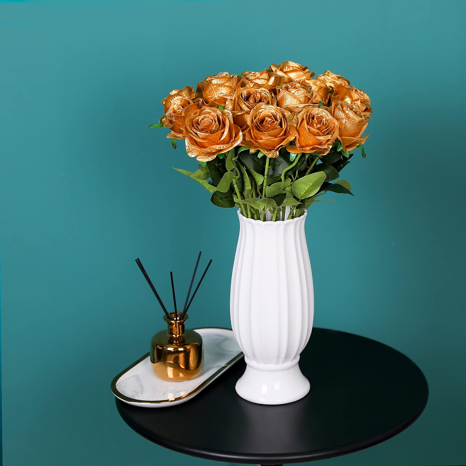 Tifuly Gold Roses Artificial Flowers -12Pcs Realistic Single Long Stem Fake Silk Roses Bouquet For Party Home Wedding Centerpiec