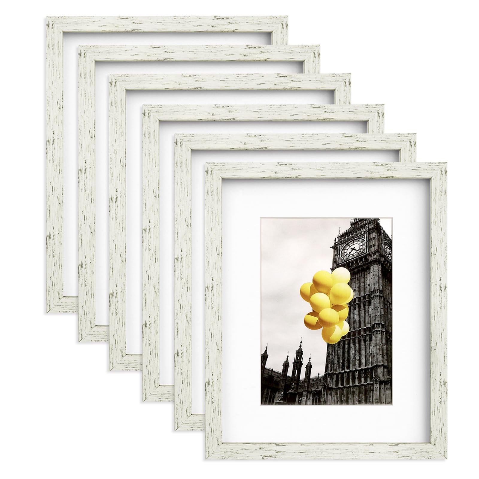 BSRHOME 8x10 Picture Frame Set with Mat for Wall Collage - 6 pcs Distressed White Farmhouse Photo Frames for Hanging Wall or Tab