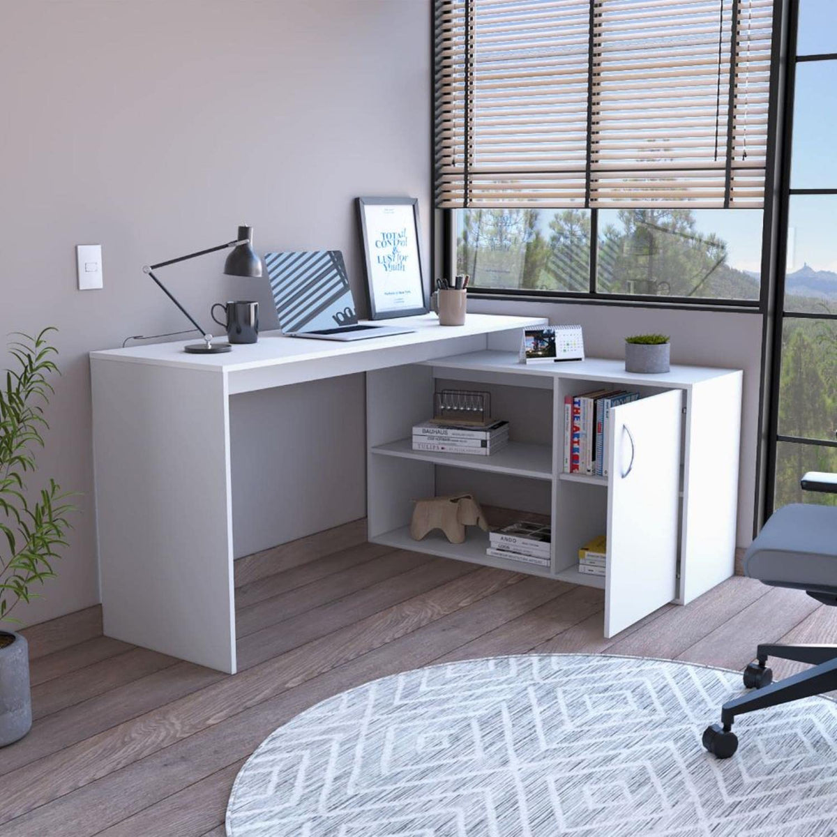 DEPOT E-SHOP Boston L-Shaped Desk, Single Door Cabinet, 2 Open Shelves, 2 Interior Shelves, White