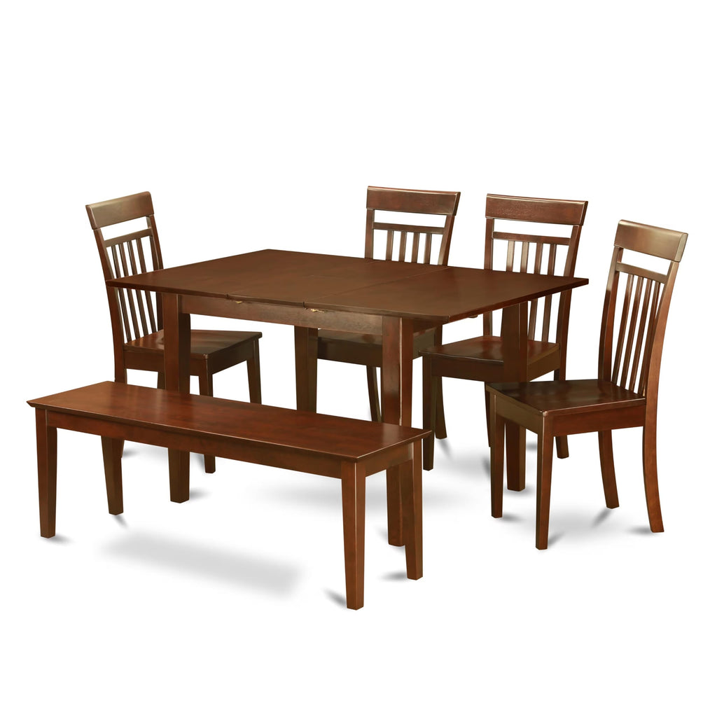 East West Furniture MLCA6-MAH-W 6 Piece Modern Dining Table Set Contains a Rectangle Wooden Table with Butterfly Leaf and 4 Dining Room Chairs with a Bench, 36x54 Inch, Mahogany