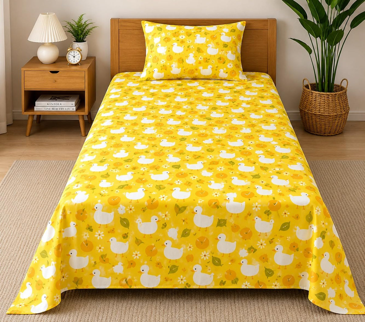 Microfibre Printed Bed Kids Room Bedsheet with Pillow Covers (Yellow, Single)