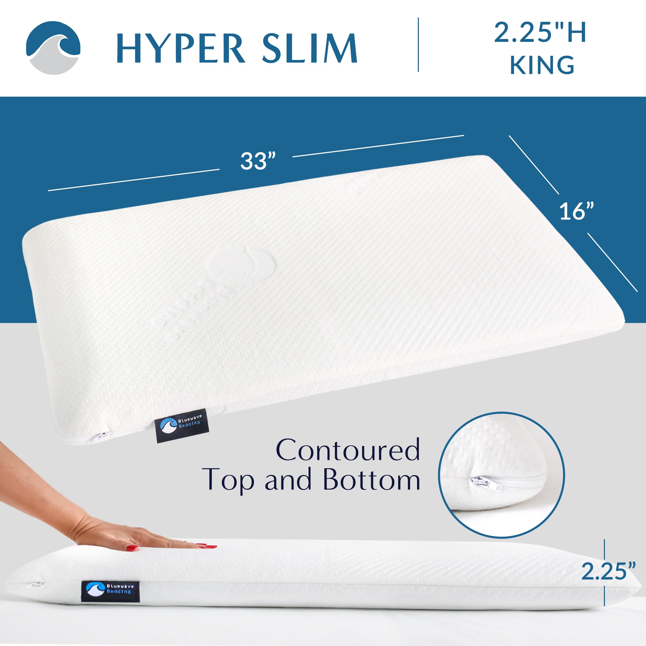 Bluewave Bedding Hyper Slim Gel Memory Foam Pillow For Stomach And Back Sleepers - Thin, Flat Design For Cervical Neck Alignment