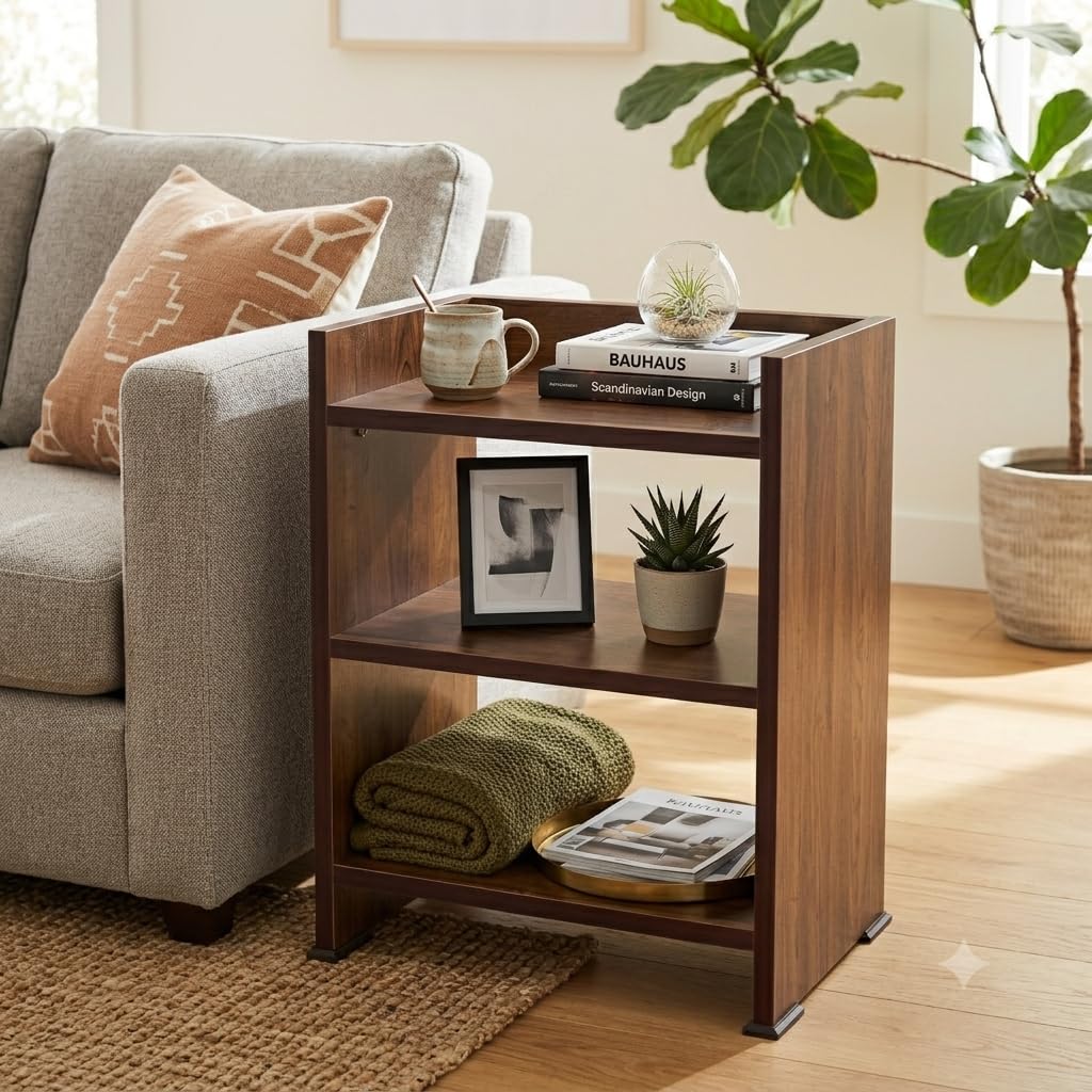 Wudism Modern Wooden Side Table For Bedroom, Living Room With 3 Shelves Storage For Chargers, Phone, Lamp, Books | Coffee Table