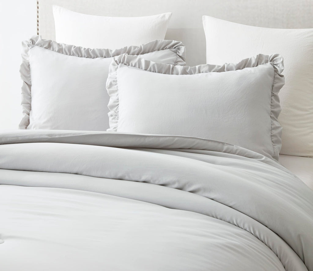 Chezmoi Collection Nora 3-Piece Ruffled Edge Trim Soft Washed Microfiber Comforter Set (Oversized Queen, Light Gray)