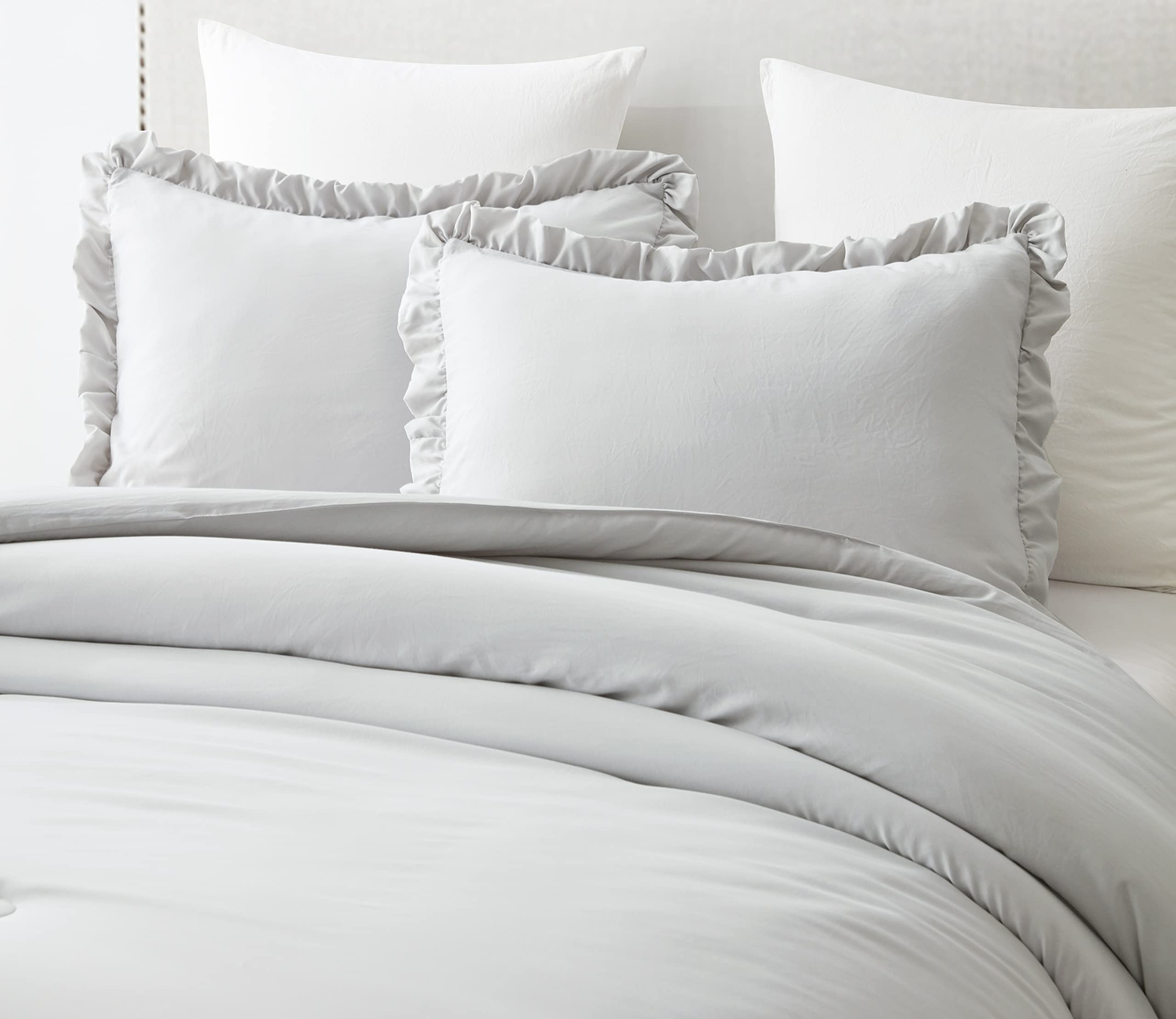 Chezmoi Collection Nora 3-Piece Ruffled Edge Trim Soft Washed Microfiber Comforter Set (Oversized Queen, Light Gray)