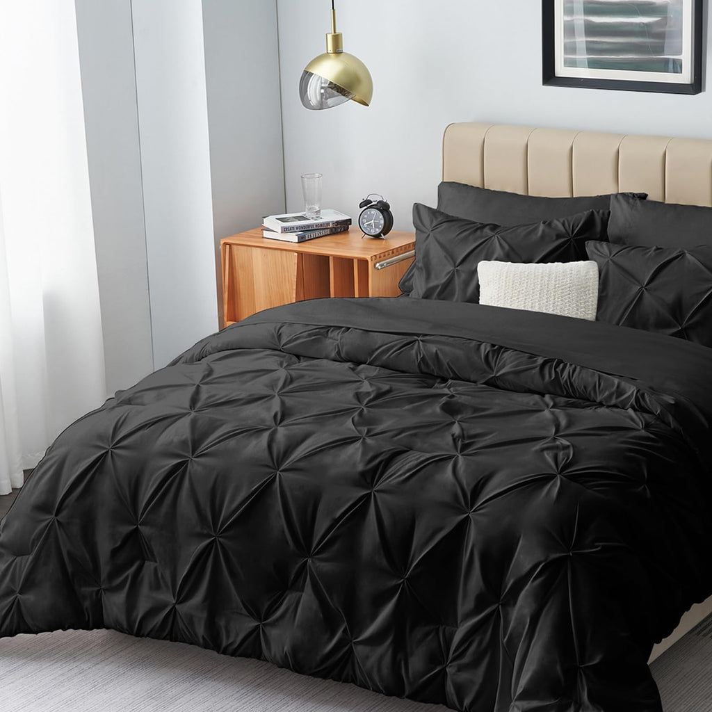 HIMEET Queen Bed in a Bag Set 7 Pieces Bedding Set Pintuck Queen Bed Comforter Set Pinch Pleat Queen Size Bed in a Bag Black