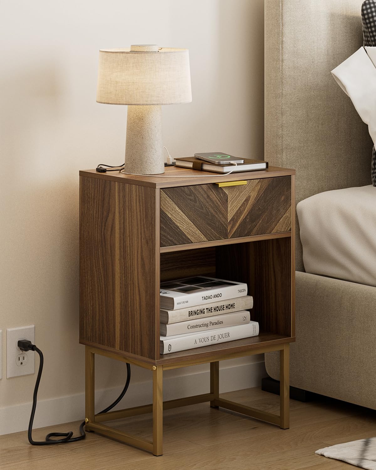 Masupu Large Nightstand with Charging Station,Boho Night Stand Modern Farmhouse Wood Bedside Table with Storage Drawer and Open 