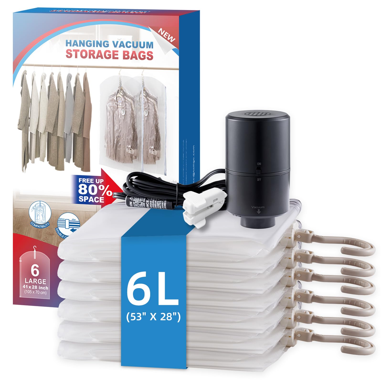 Hanging Vacuum Storage Bags, 6 Pack Hanging Storage Bags for Clothes With Electric Pump, Vacuum Sealed for Suits, Dress, Jackets
