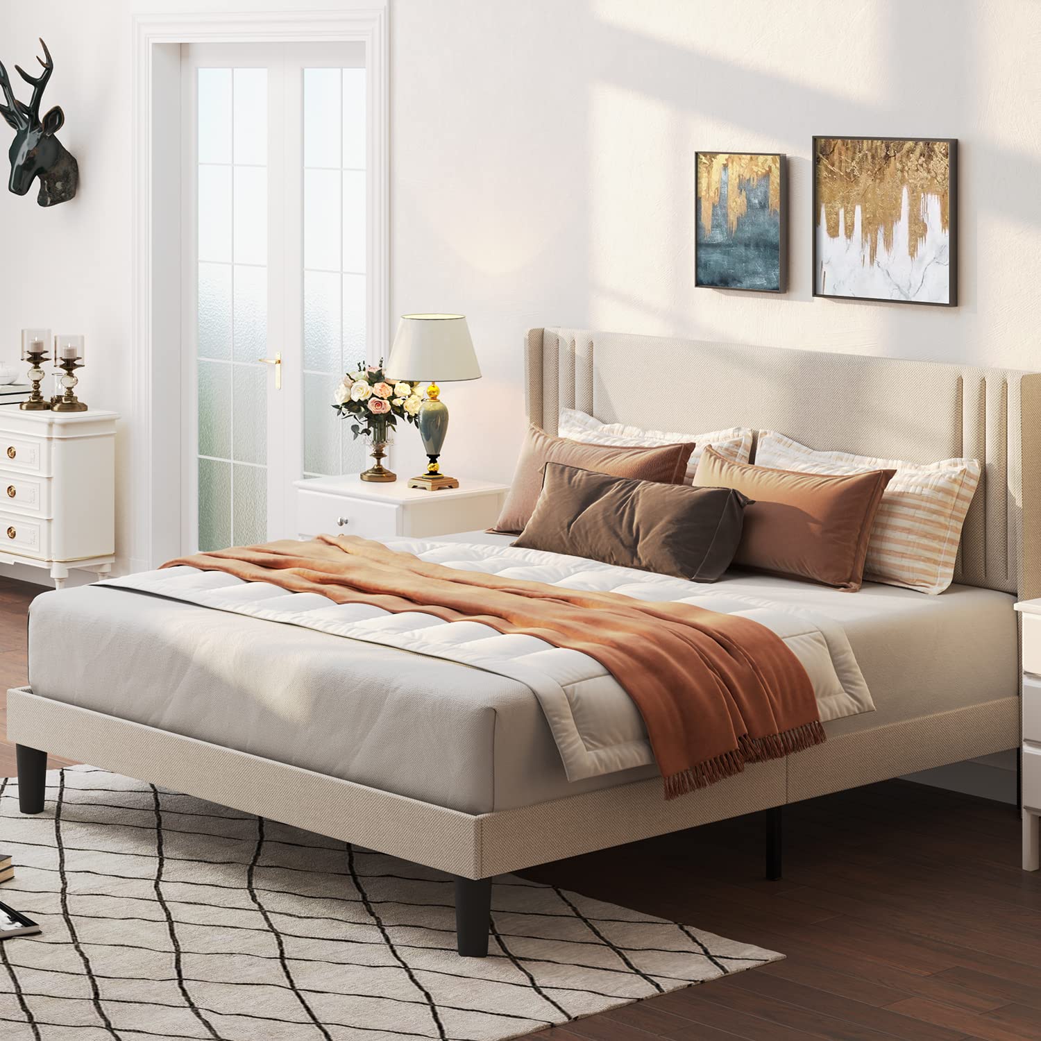 Gizoon Queen Bed Frame with Wingback Headboard, Upholstered Platform Bed, Wooden Slats, Noise-Free, No Box Spring Needed, Easy A
