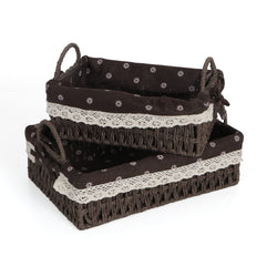 HOKIPO Rectangular Environmental Friendly Paper Rope Wicker Storage Baskets With Handle, Pack of 2, Brown (AR3907CBR)