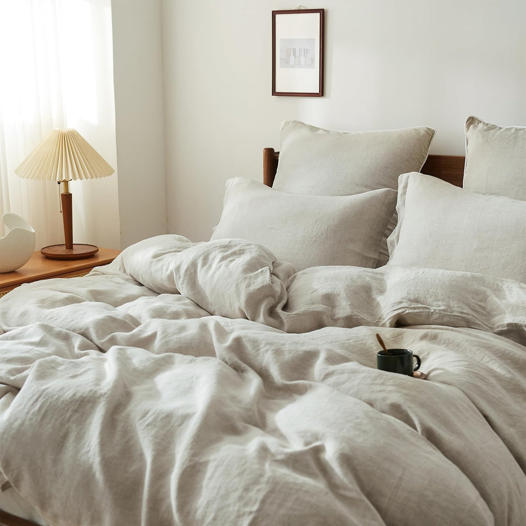 Simple&Opulence 100% Linen Duvet Cover Set With Washed-French Flax-3 Pieces Solid Color Basic Style Bedding Set-Breathable Soft