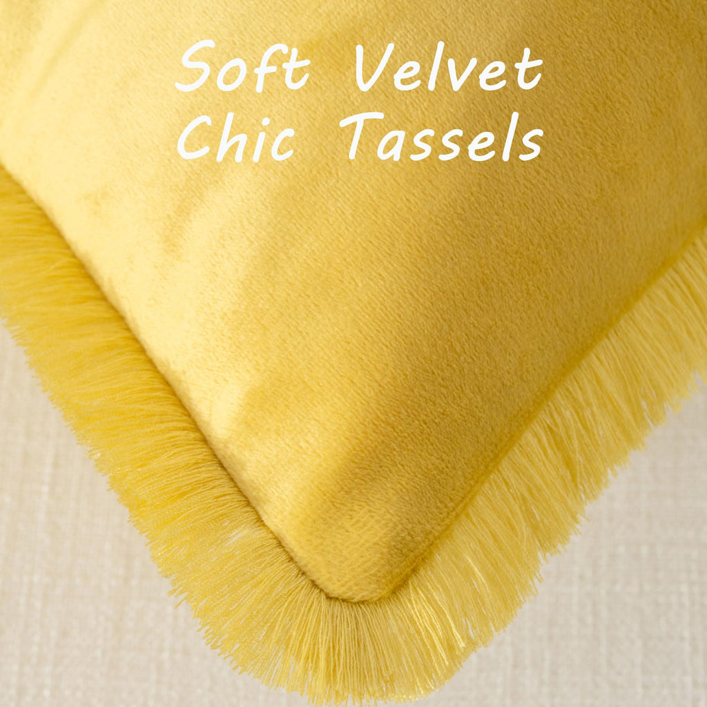 Futei Lemon Yellow Boho Throw Pillow Covers With Tassels 20X20 Inch Set Of 2,Soft Velvet Decorative Cushion Case,Home Decor For