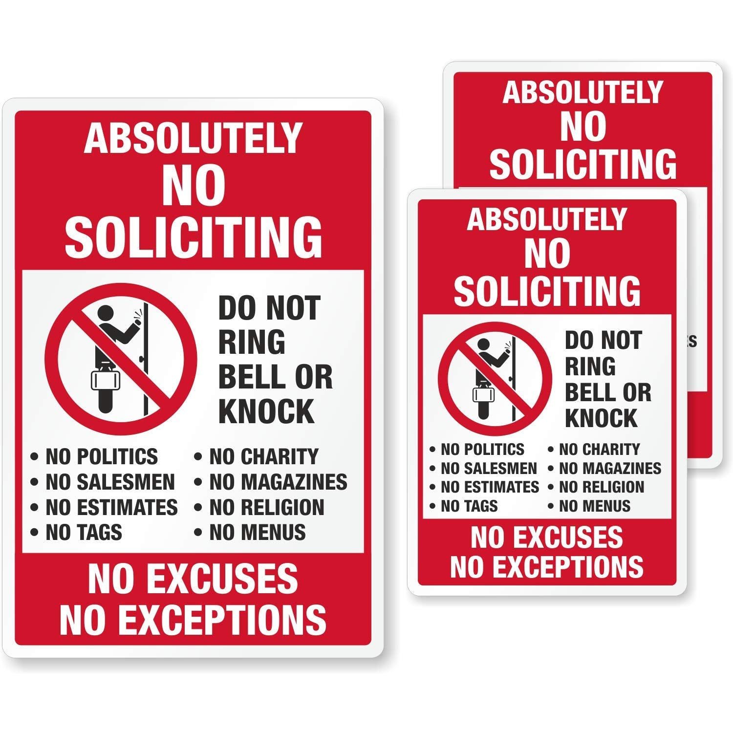Smartsign Absolutely No Soliciting Stickers, No Excuses No Exceptions Do Not Ring Bell Knock Decals Set, Pack Of 3, One 3.75'X5