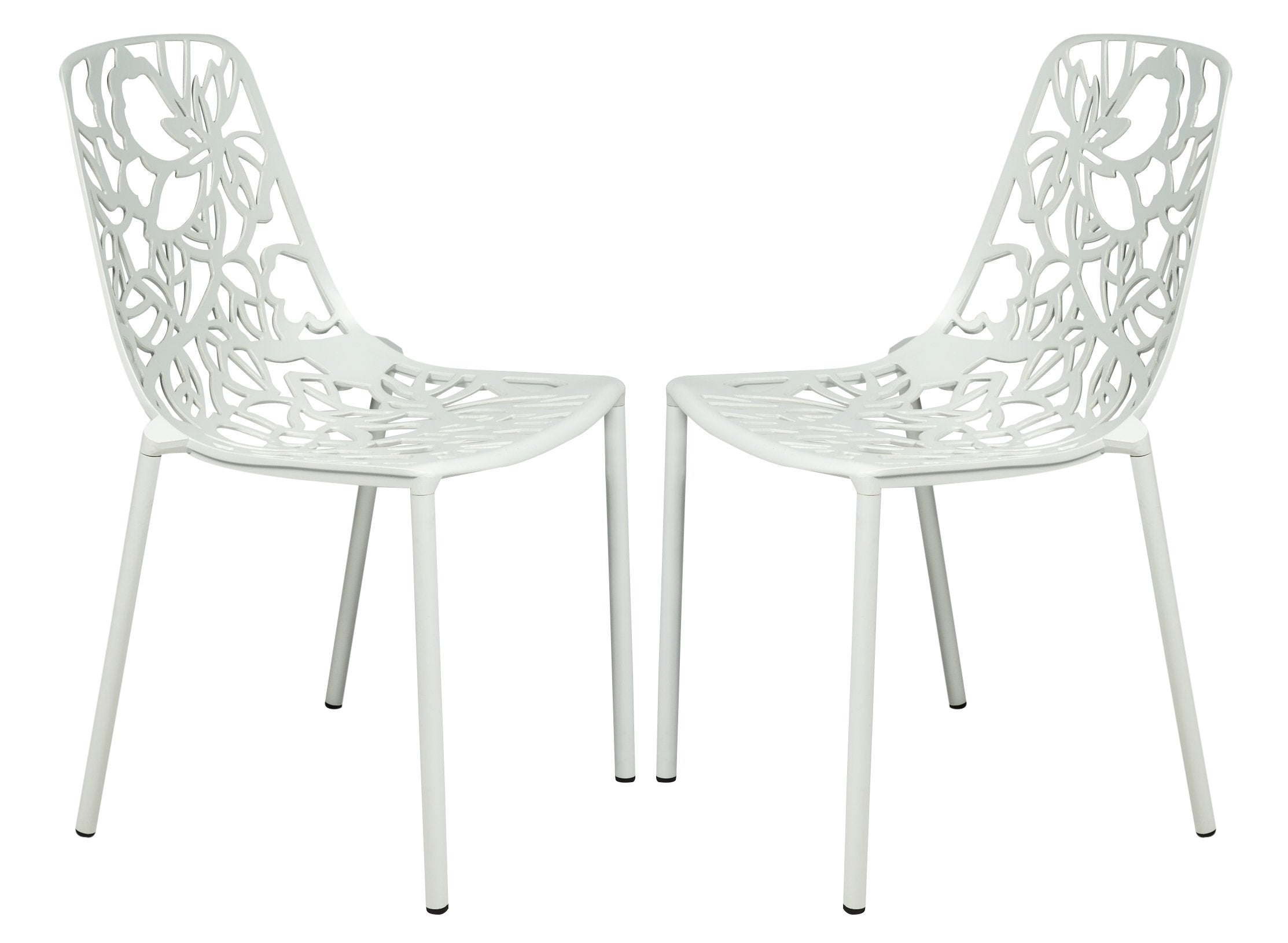 LeisureMod Aluminum Stackable Dining Chair Set of 2 with Floral Cutout Design, White Patio Side Chair for Indoor & Outdoor Use