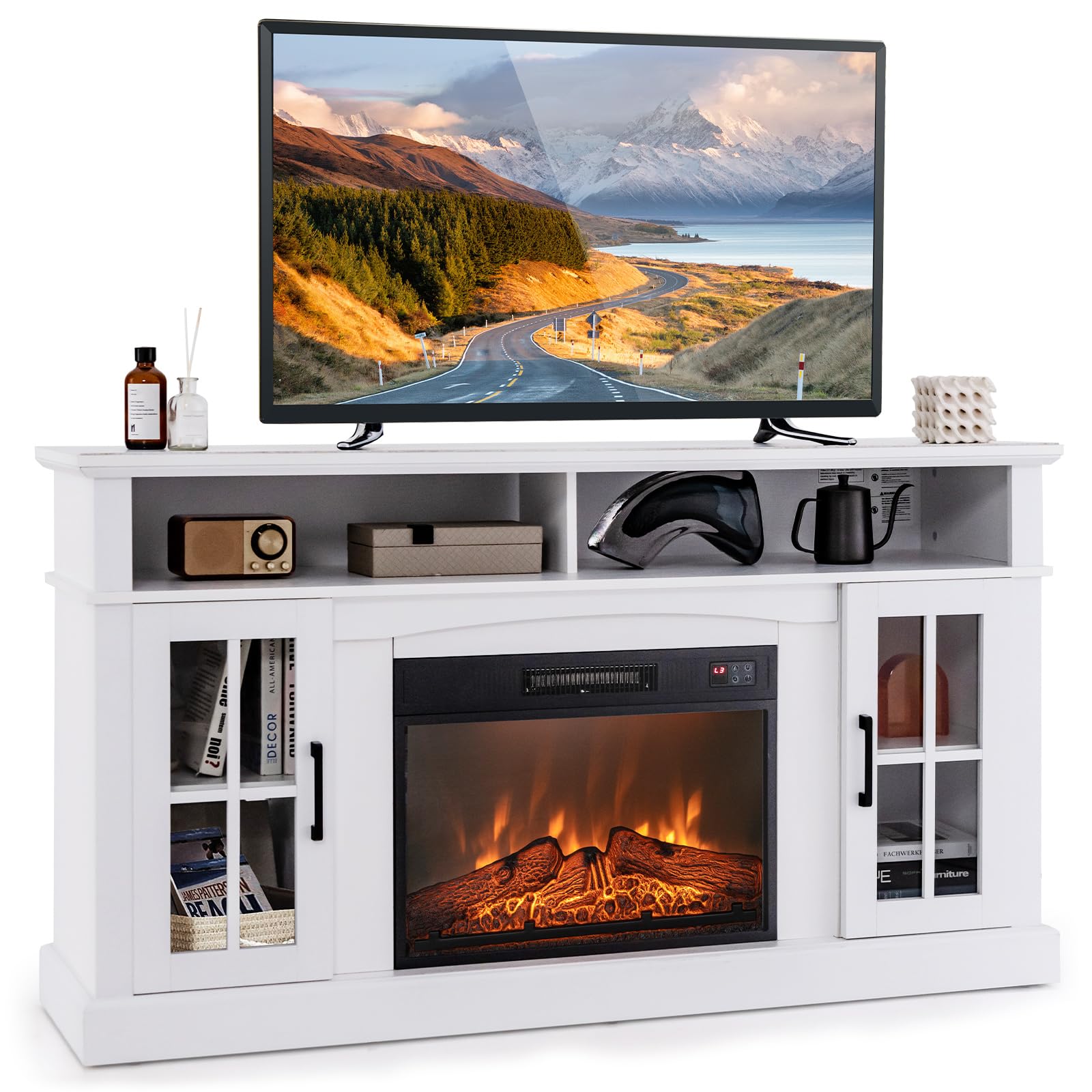 Tangkula Fireplace TV Stand for TVs Up to 65 Inch, Electric Fireplace TV Console w/Remote Control, Overheat Protection, 3-Level 