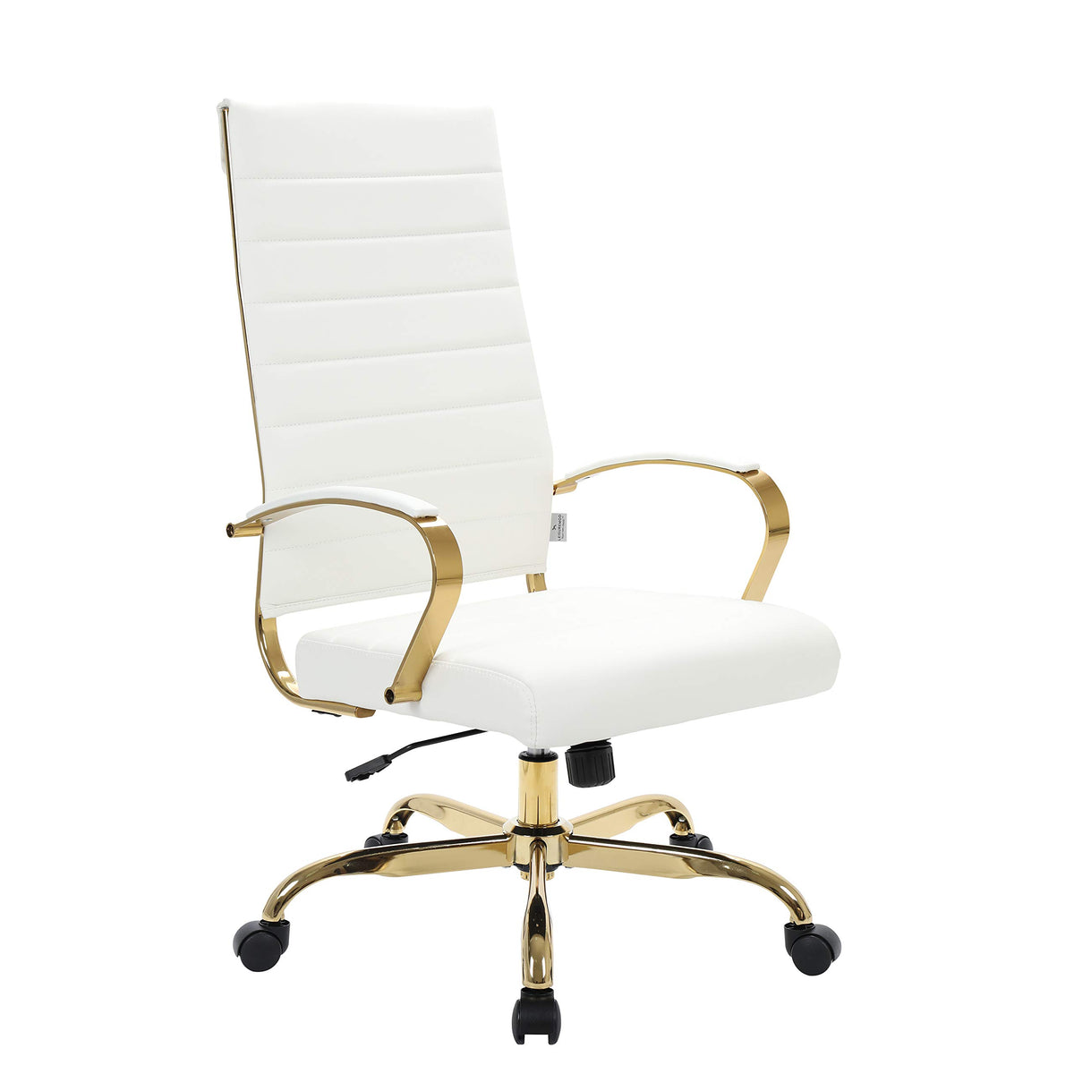 LeisureMod Benmar High-Back White Leather Office Desk Chair Ergonomic Executive Chair with Adjustable Swivel, Gold Frame with Cu