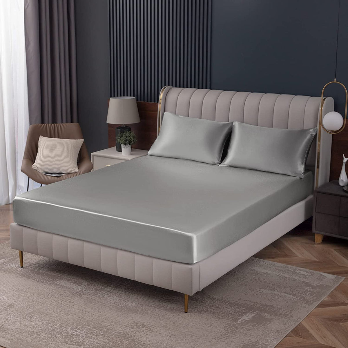 Homiest Light Grey Satin Fitted Sheet Twin Xl Size Fitted Bed Sheet, Deep Pocket Fitted Sheet Only, Luxury & Ultra Soft Bedding Fitted Sheet Single Bottom Bed Sheets Sold Separately