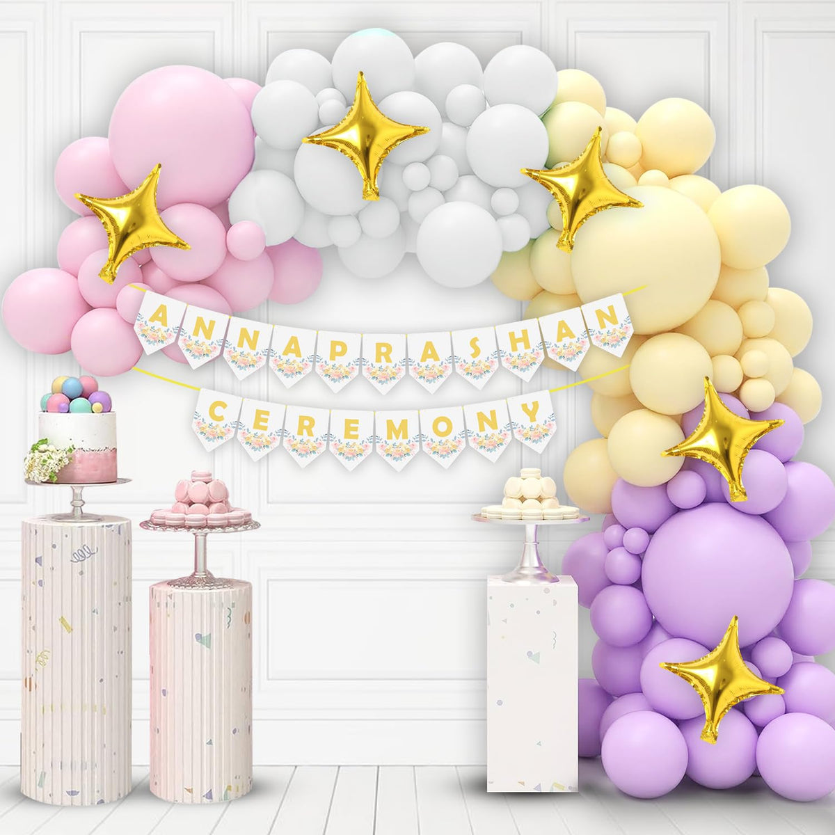 Party Propz Annaprashan Decorations Items  46 Pcs Pastel Balloons For Decoration with Rice Ceremony Banner, Star Foil Balloons,