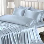 Ersmak 7 Pieces Satin Sheets Set Queen Size, Luxury Silky Light Blue Satin Bed Sheets Set with 1 Deep Pocket Fitted Sheet, 1 Sof