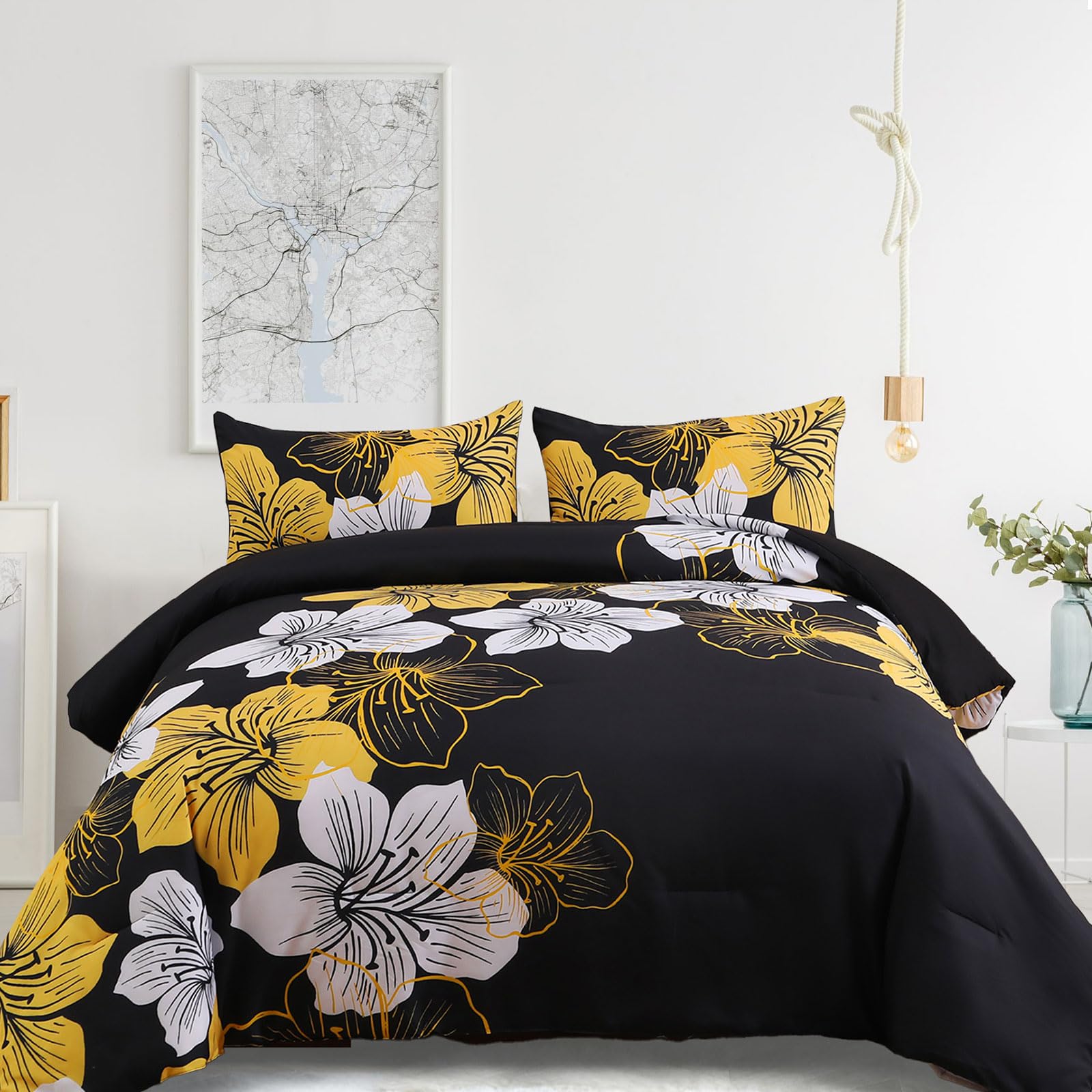 Menghomeus Full Comforter Set Black/Gold Floral Bedding Comforter Sets - Soft Microfiber Bed Comforter Set For All Season 3 Piec