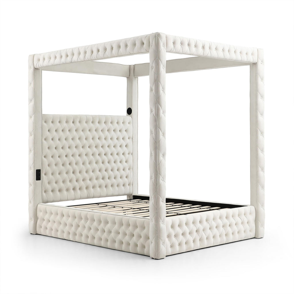 Better Home Products Dream Luxurious Velvet Canopy Bed with Speaker & USB Connection (Cream, Queen)