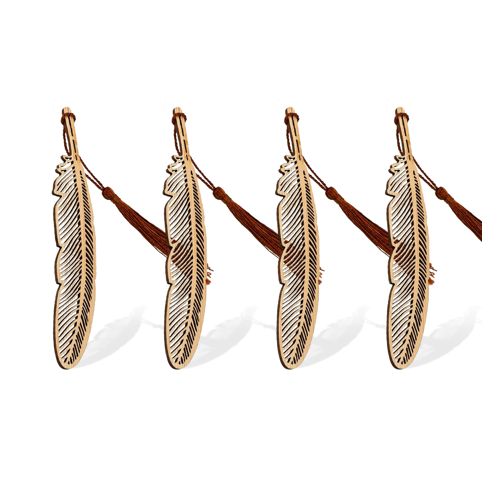 Wocoxo Handmade Bamboo Bookmark With Tassels,Unique Vintage Style Reading Page Markers Bookmarks - 4Pcs (Feather Style)