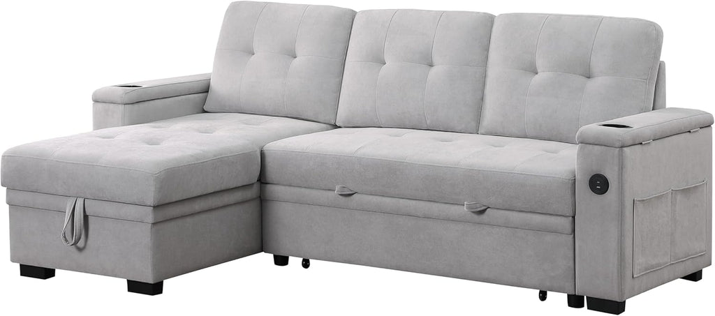 84W Gray Woven Fabric Reversible Sleeper Sectional Sofa