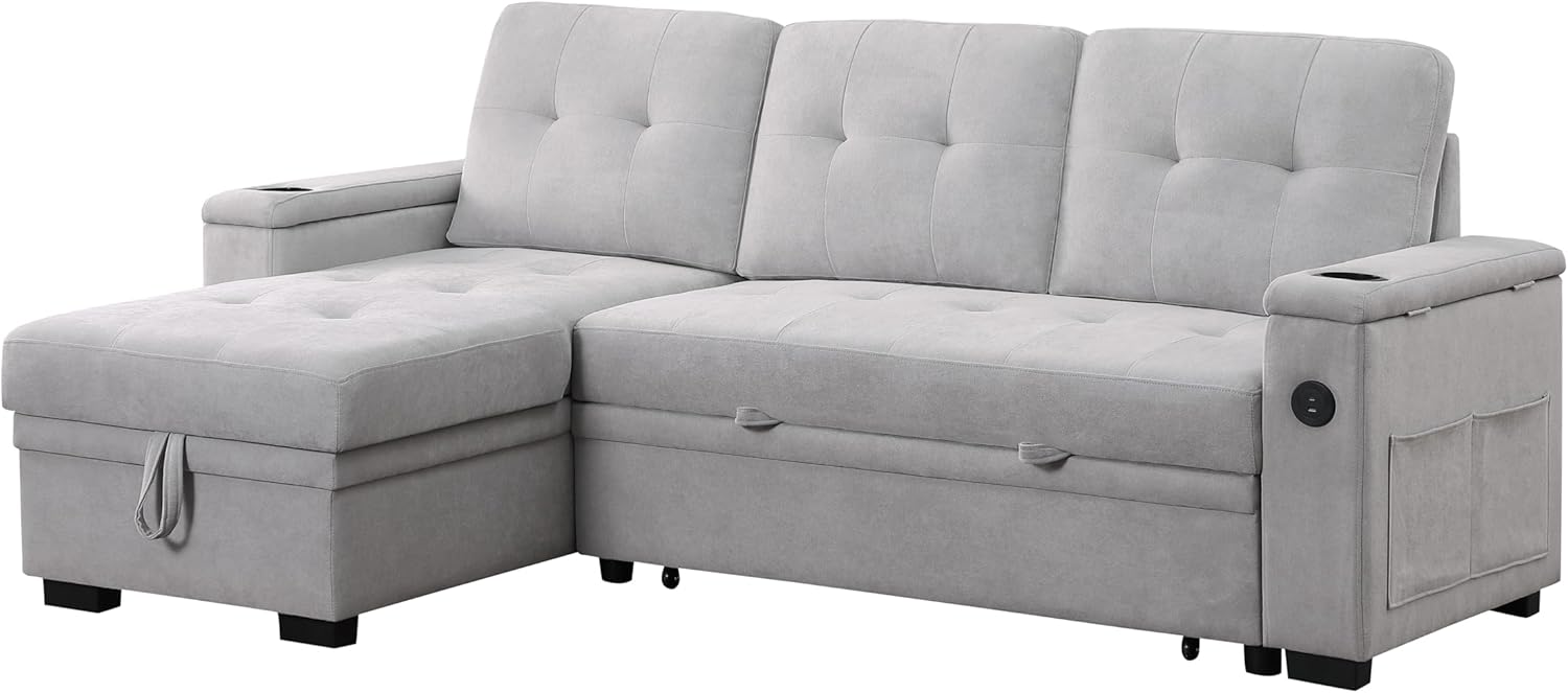 84W Gray Woven Fabric Reversible Sleeper Sectional Sofa