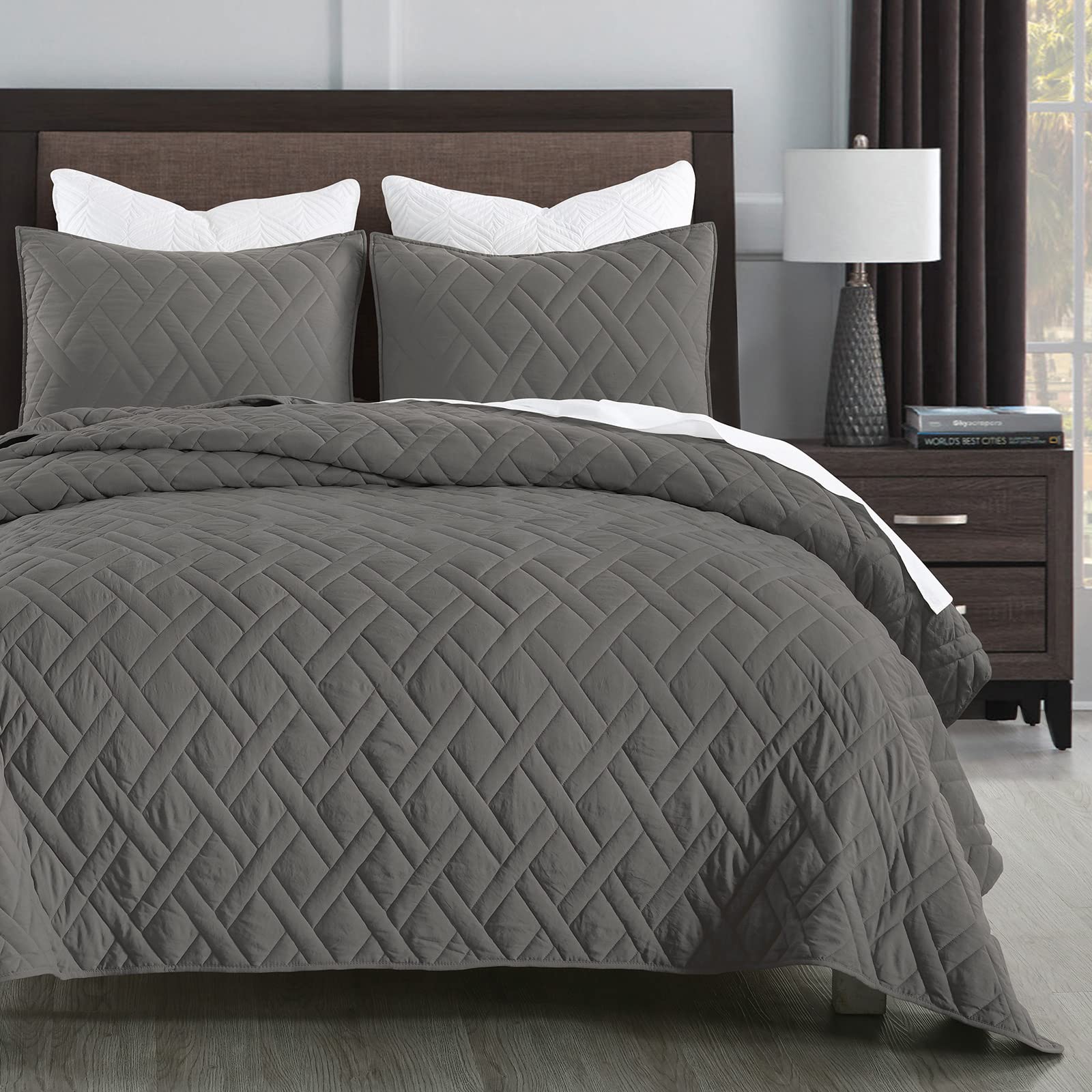 Horimote Home Quilt Set Queen Size Grey, Classic Geometric Diamond Stitched Pattern, Microfiber Ultra Soft Lightweight Bedspread