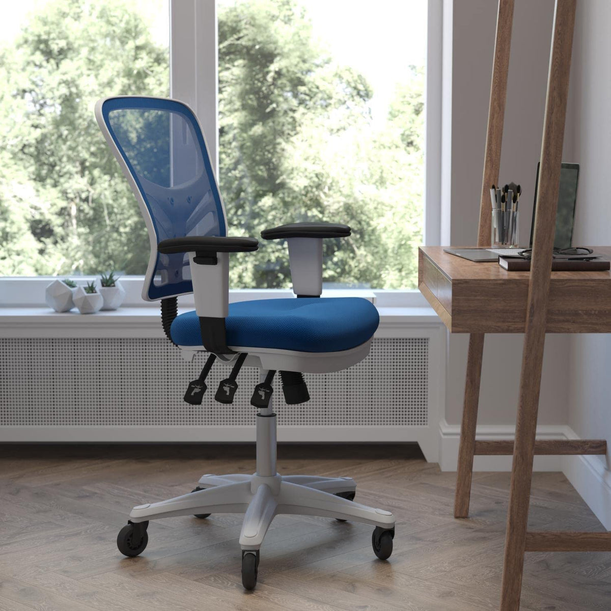 Flash Furniture Nicholas Mid-Back Multifunction Executive Swivel Ergonomic Office Chair With Adjustable Arms, Transparent Roller Wheels, And White Frame, 27&Quot;, Blue Mesh