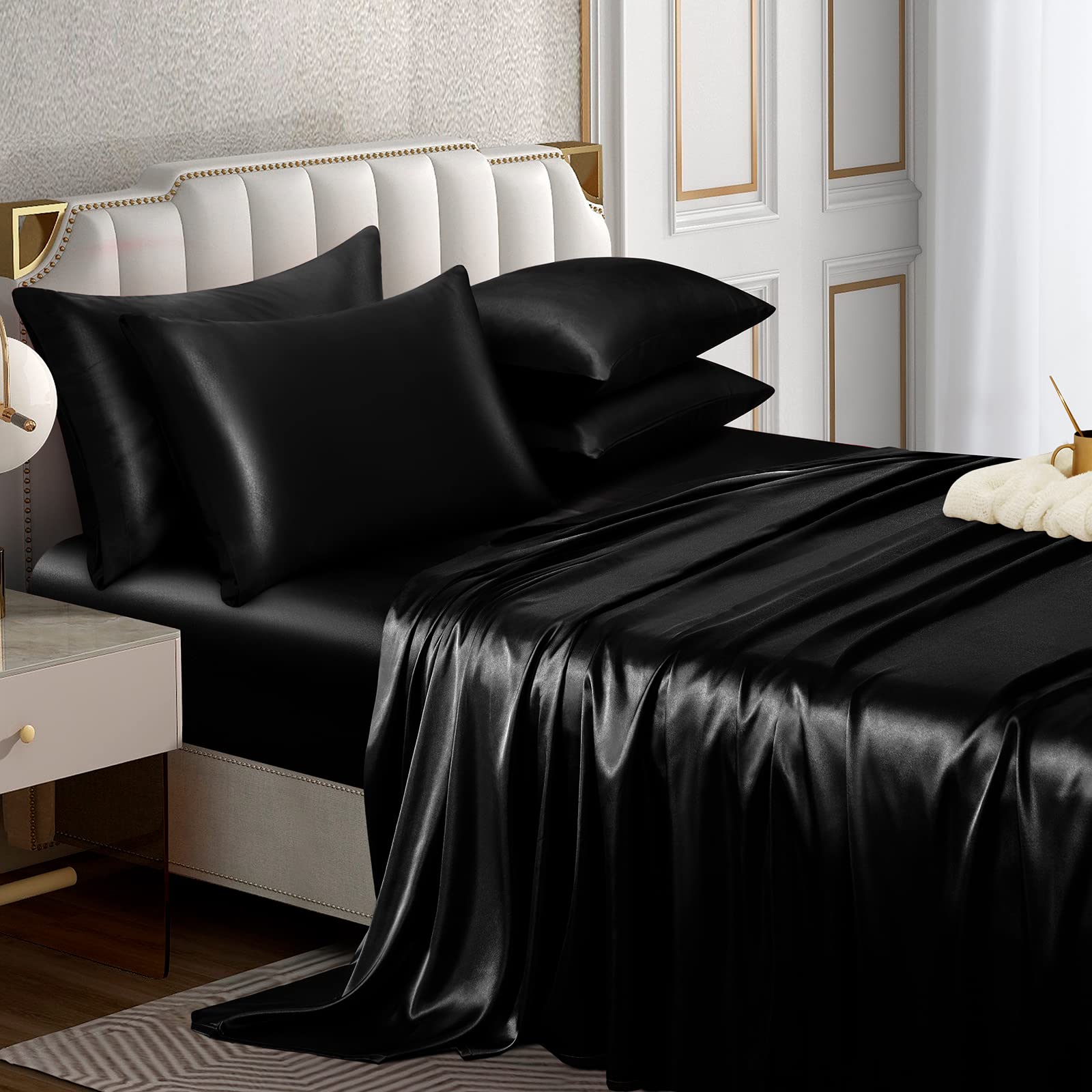 Horbaunal 6 Piece Satin Sheet Set King Size Luxury Silky & Soft Black Satin King Bed Sheet Set with 16'' Deep Pocket, 1 Fitted S