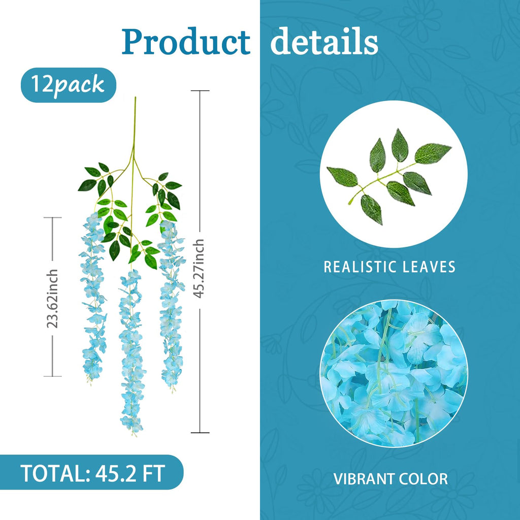 12 Pack Lake Blue Wisteria Hanging Flowers Garland, 3.77 Feet Lake Blue Artificial Wisteria Flower Vines, Fake Lake Blue Wisteri