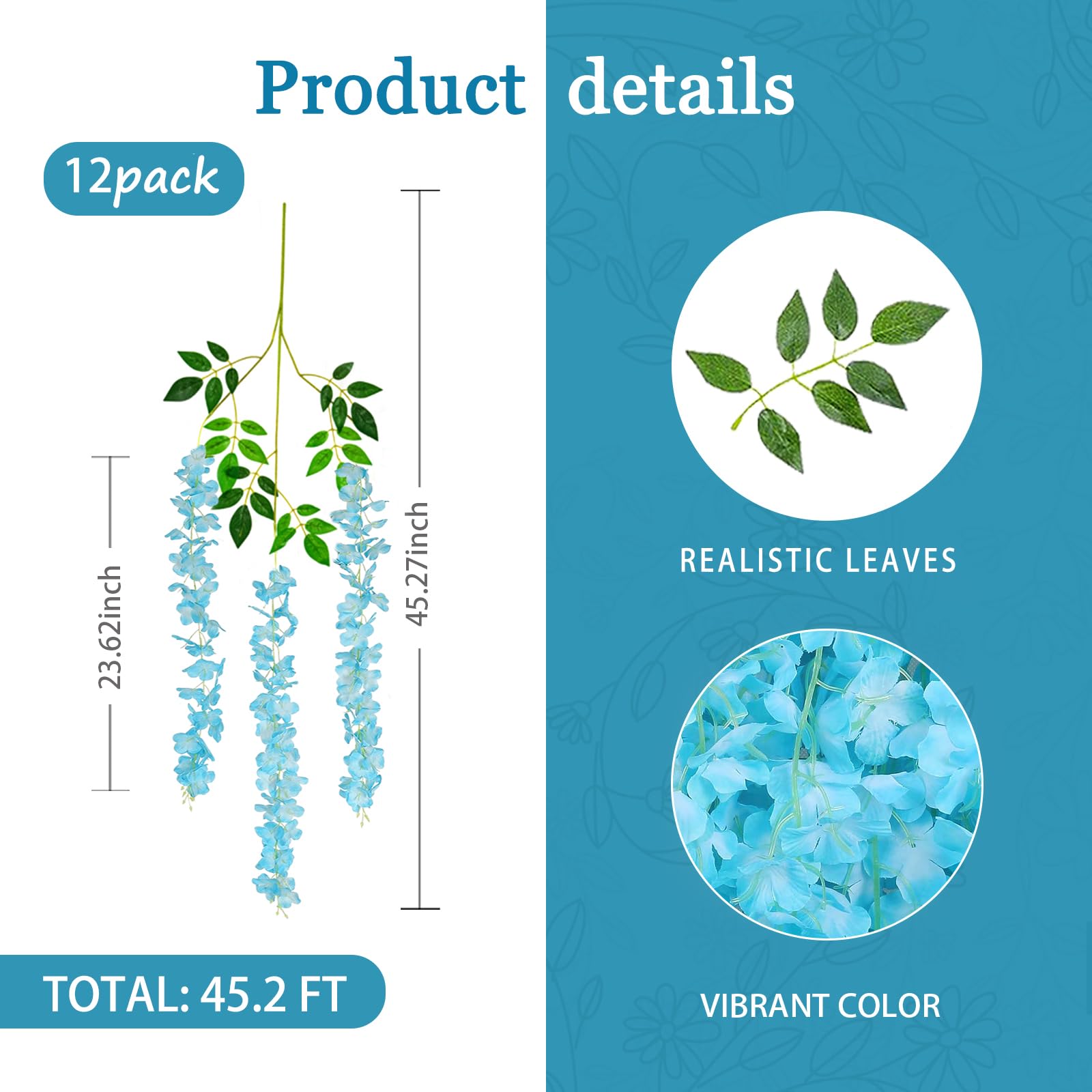 12 Pack Lake Blue Wisteria Hanging Flowers Garland, 3.77 Feet Lake Blue Artificial Wisteria Flower Vines, Fake Lake Blue Wisteri
