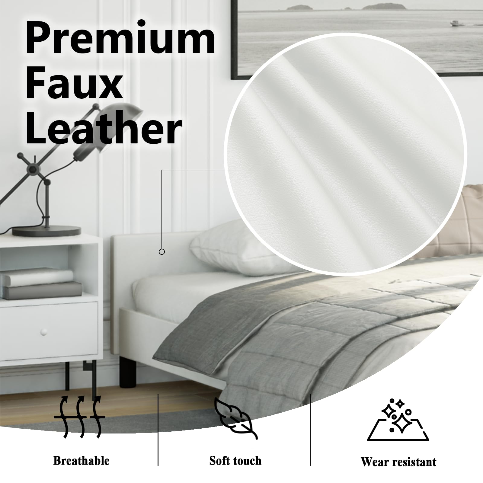 vidaXL Faux Leather Bed Frame Platform Bed, Scandinavian Style/Slats Support/No Box Spring Needed/Without Mattress/Easy Assembly, White California King Bed