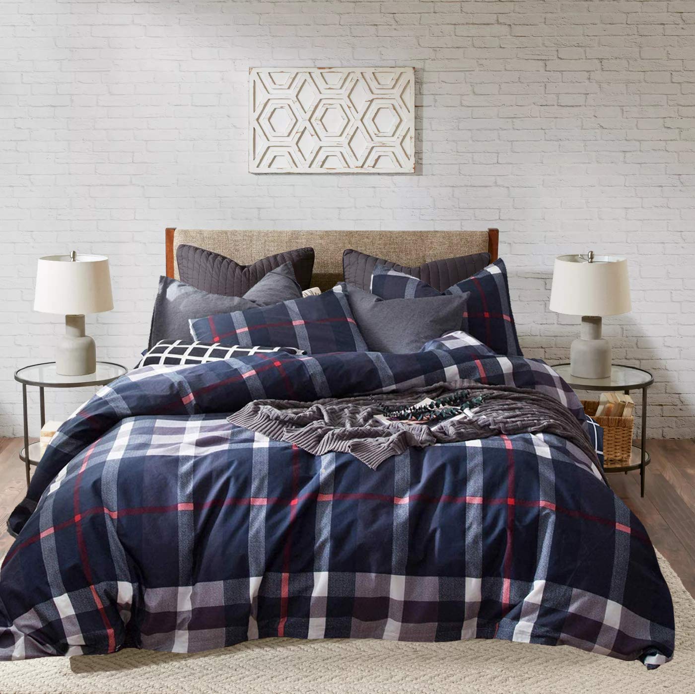 Karever Navy Plaid Comforter Set Queen Checkered Bedding Set Navy Blue Tartan Grid Comforter Striped For Women Adult Navy Blue C