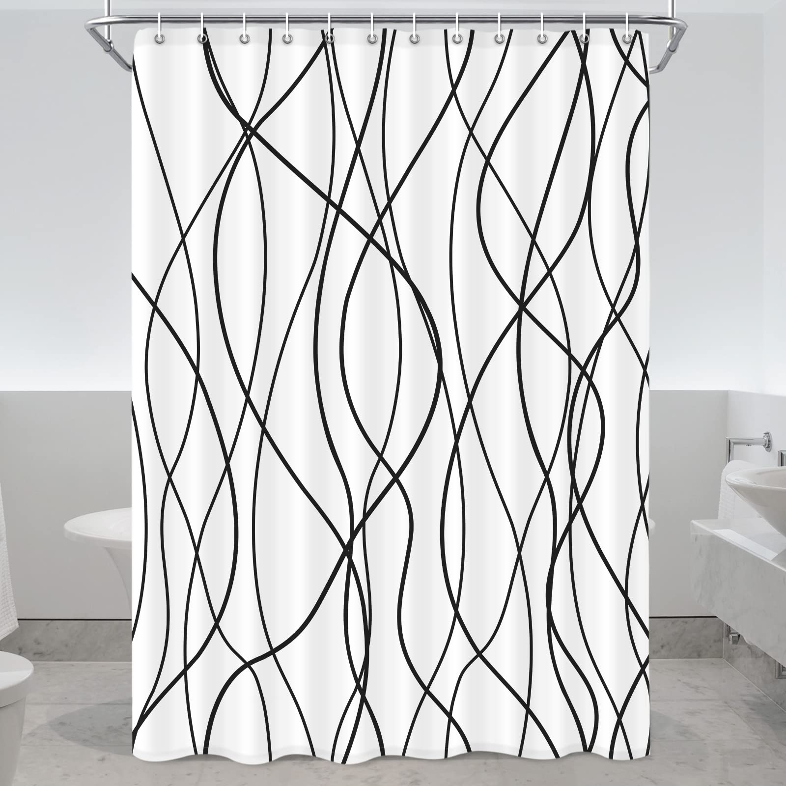 Punkray Black and White Striped Wavy Line Fabric Shower Curtain for Bathroom with 12 Hooks, Extra Long Shower Curtains for Bathr