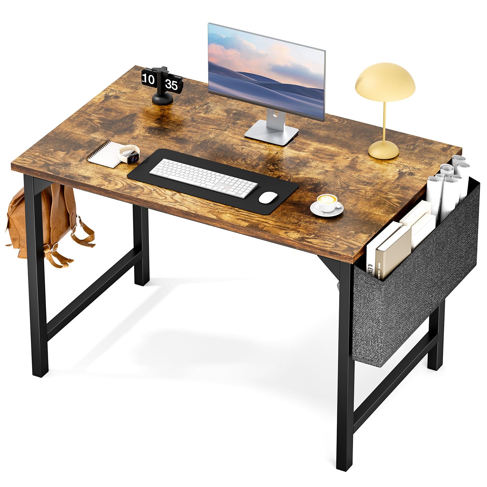 Sweetcrispy Computer Small Office Desk 40 Inch Student Kids Study Writing Work With Headphone Hooks & Storage Bag Modern Simple Pc Home Bedroom Table, Rustic Brown