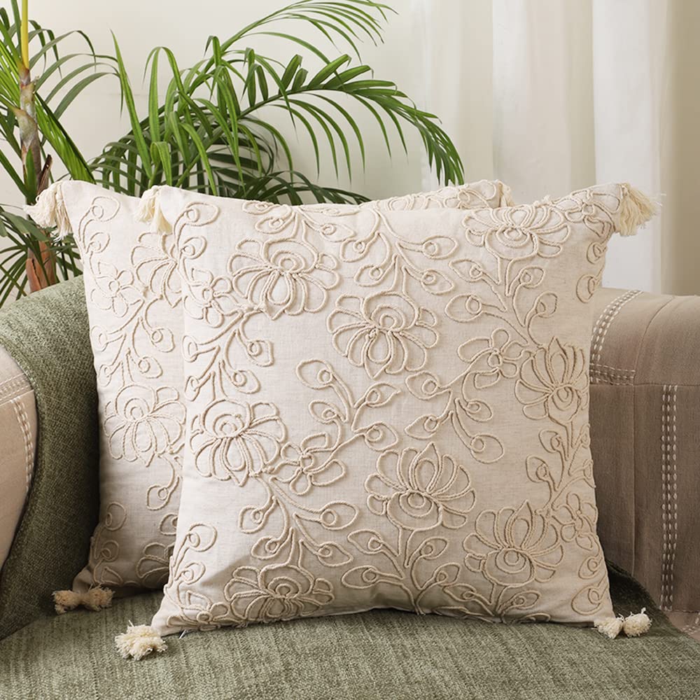 Jamio Firati Floral White White Dori Work With Tassels Cotton Set Of 2 Cushion Covers 18 Inch X 18 Inch
