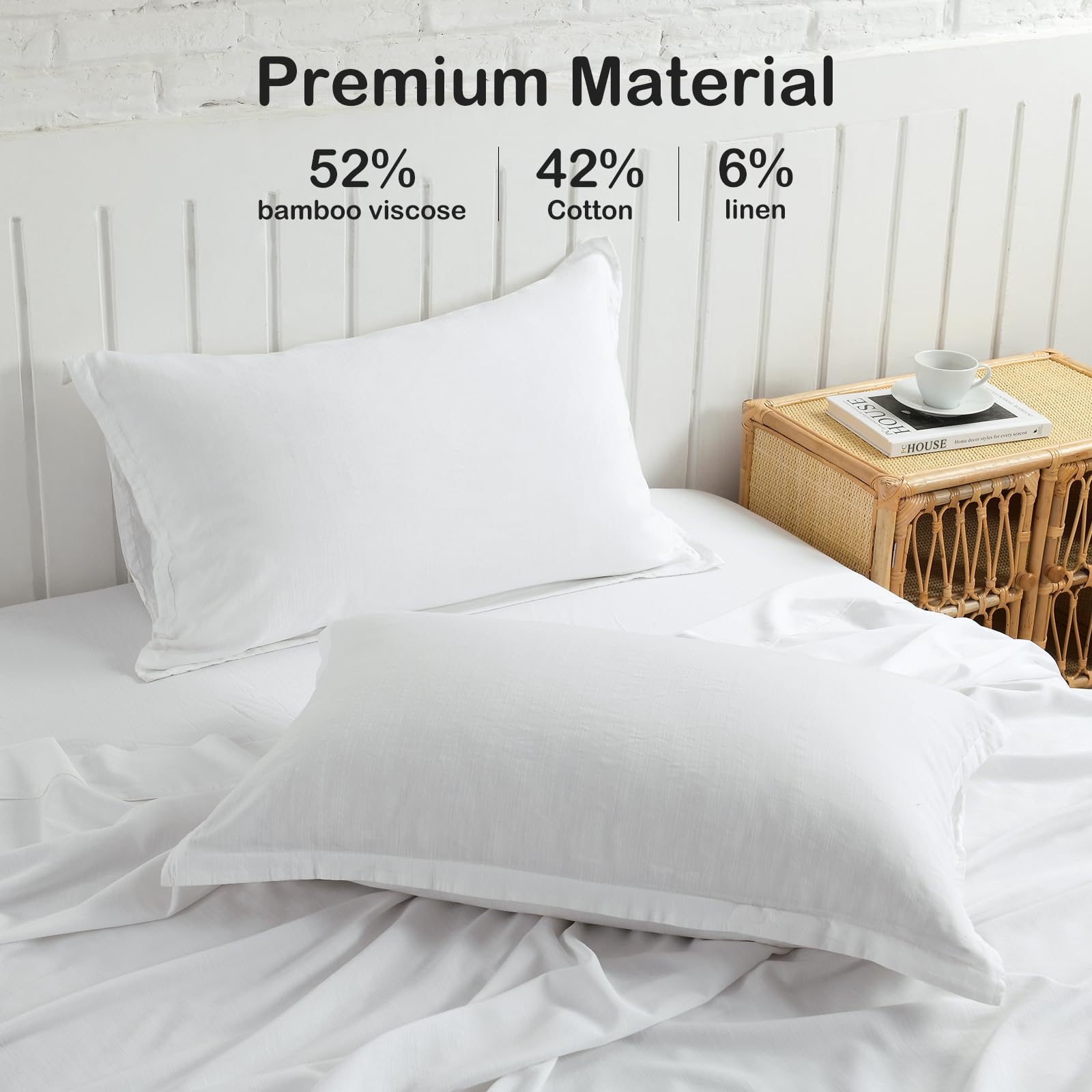 Pandatex White Linen-Textured Bed Sheets Set, Bamboo Rayon, Cotton, Linen Blend Bed Sheets Queen Size, Soft Cool & Breathable Fo