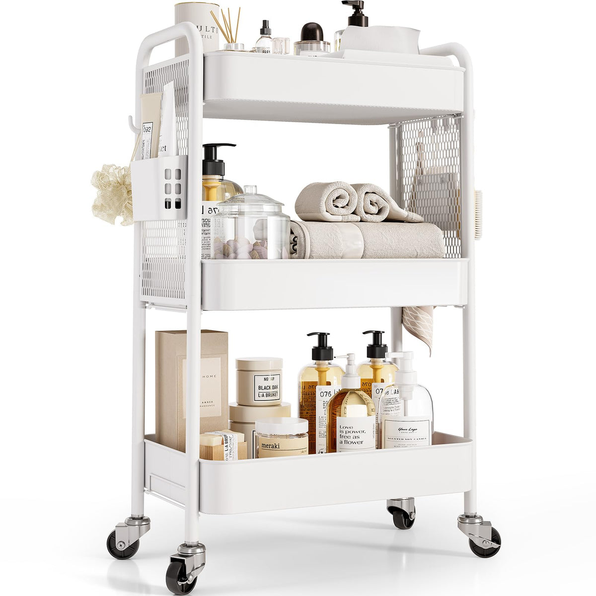Toolf 3 Tier Rolling Cart Storage Organizer, Metal Rolling Utility Cart With Wheels, Esthetician Craft Art Cart With Pegboard, C