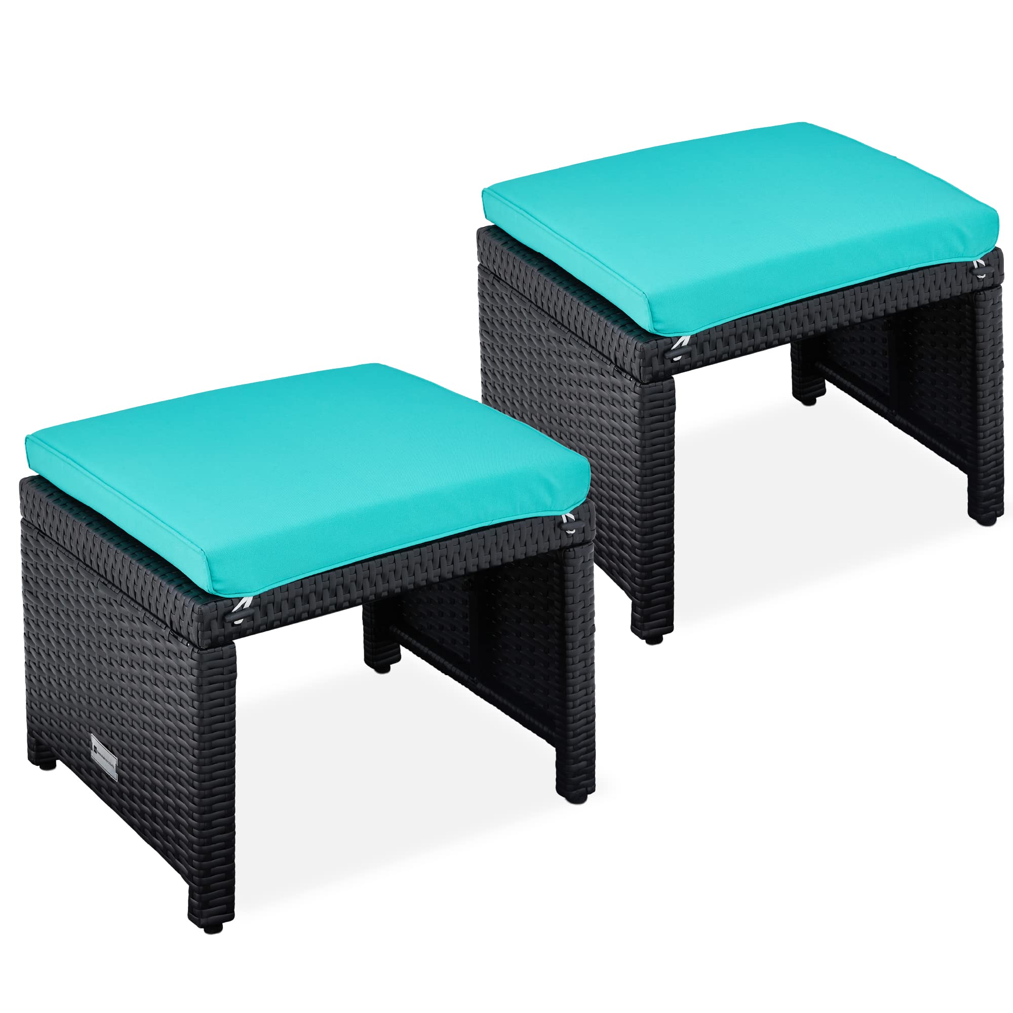 Best Choice Products Set Of 2 Wicker Ottomans, Multipurpose Outdoor Furniture For Patio, Backyard, Additional Seating, Footrest, Side Table W/Removable Cushions, Steel Frame - Black/Teal