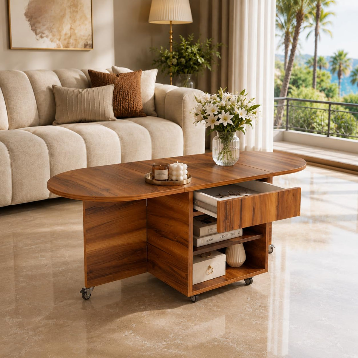 Studio Kook Tango Folding Coffee Table With Drawer, Amber Walnut