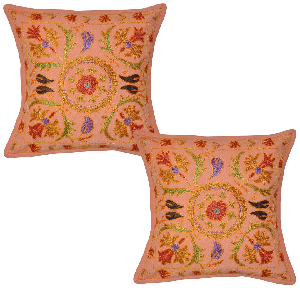 Lal Haveli Throw Square Handmade Embroidery Cotton Cushion Cover 16 X 16 Inches Set Of 2...